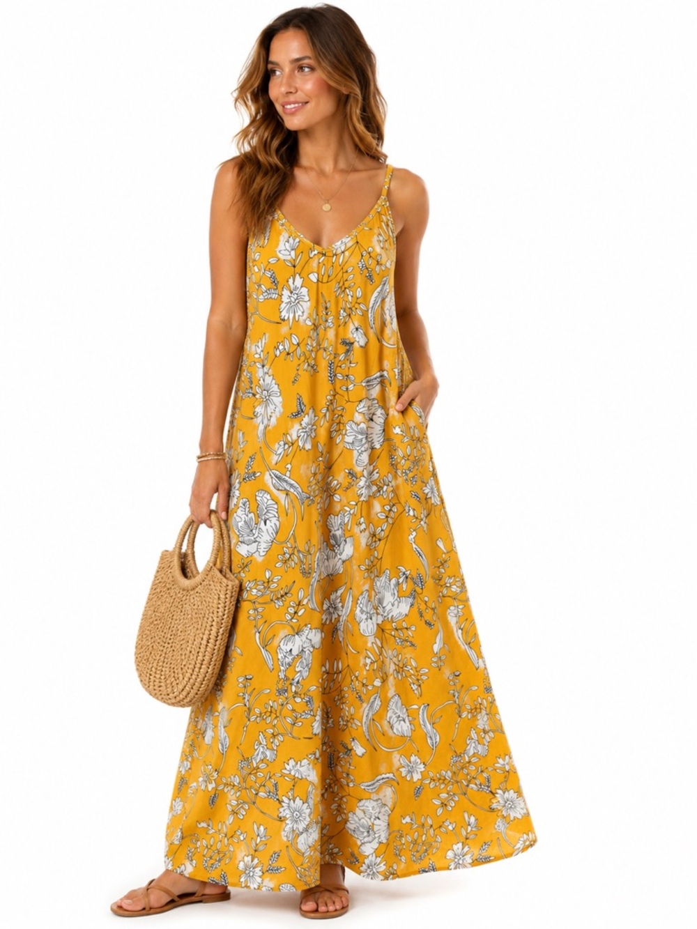 Ours Mustard Floral Maxi Dress Spaghetti Strap V Neck Resort Medium